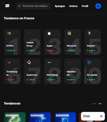 Aperçu de l'interface de mon compte Trade Republic