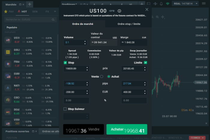 Initier un ordre d'achat sur un contrat CFD Nasdaq 100 sur xStation 5