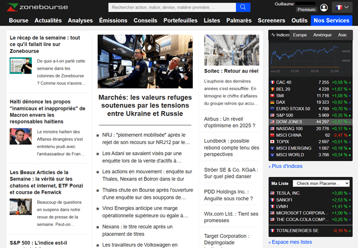 La page d'accueil du site de conseils boursiers Zonebourse