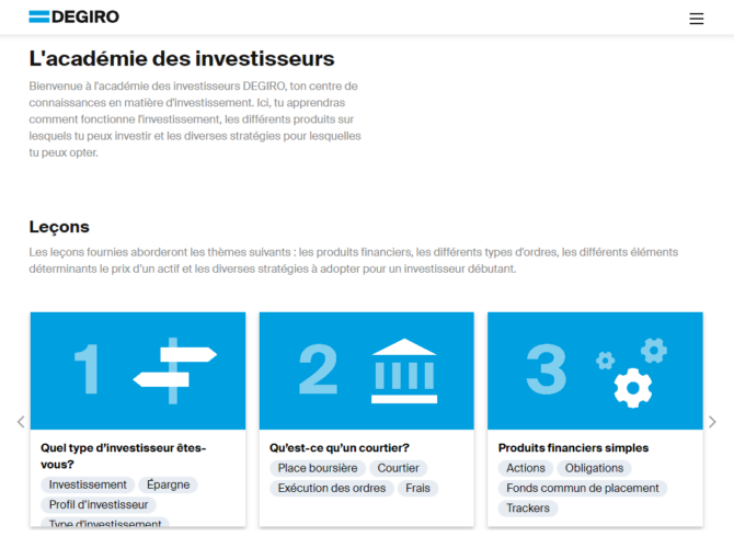 Visuel du portail Académie de DEGIRO pour former les débutants