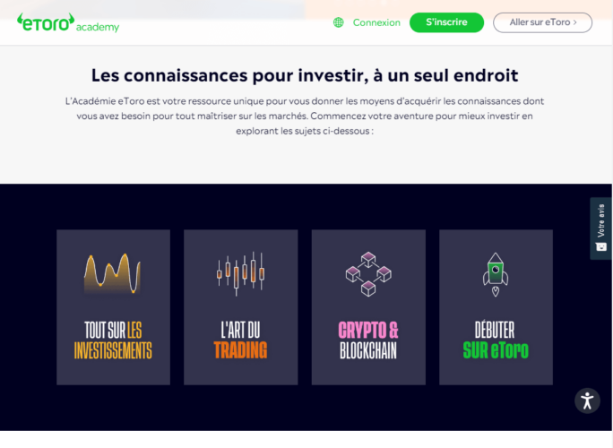 Visuel de l'espace Académie de eToro pour aider les néophytes en bourse