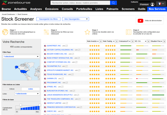 Visuel du screener actions chez Zonebourse