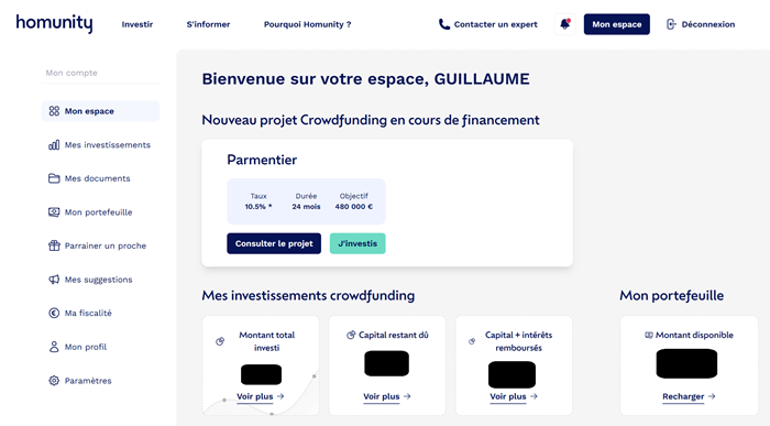 Mon tableau de bord sur la plateforme de crowdfunding immobilier Homunity